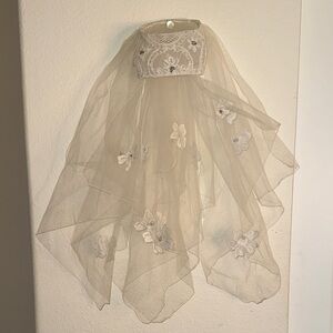 Vintage 80’s Wedding Veil with Floral and Pearl Embroidery